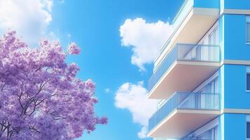 Building exterior simple minimalist building with purple flower tree decoration and blue sky photo