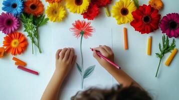 hands kid drawing flower sketch with coloring pencil on white paper top of view background photo