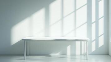 White wooden table on empty white wall modern minimalism room and shadow sun bright photo
