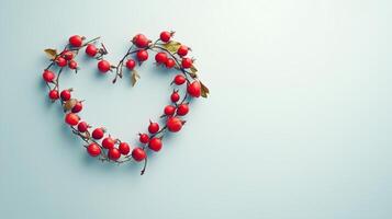 Rosehip fruit arranged in the shape of a heart copy space blank background photo