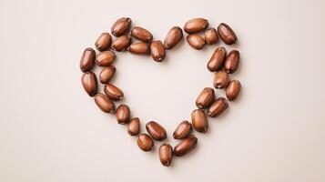 Jojoba nut arranged in the shape of a heart copy space black white background photo