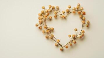 Meadowsweet arranged in the shape of a heart copy space blank white background photo