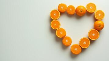 Orange fruit arranged in the shape of a heart copy space blank background photo