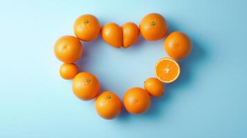 Orange fruit arranged in the shape of a heart copy space blank background photo