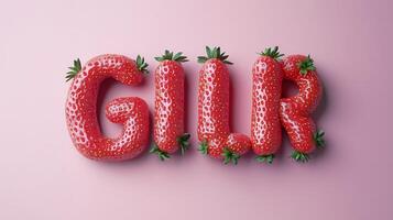 The letter GIRL is framed by a red strawberry textured fruit for kids on solid background photo