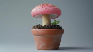 Mushroom pink plant on clay pot with soil houseplant decoration botanical gardening photo