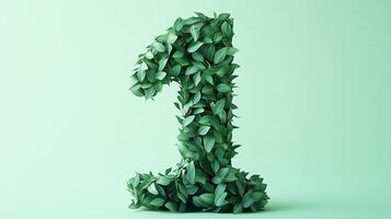 The number 1 is framed by a series of green leaves solid background photo