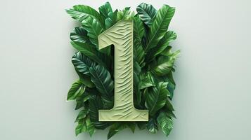 The number 1 is framed by a series of green leaves solid background photo