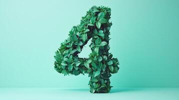 The number 4 is framed by a series of green leaves solid background photo