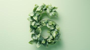 The number 6 is framed by a series of green leaves solid background photo