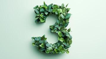 The number 3 is framed by a series of green leaves solid background photo