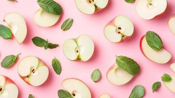 Apple slice fruit and fresh mint leaves natural organic arranged pattern seamless diagonal layout photo