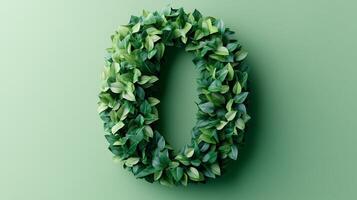 The number 0 is framed by a series of green leaves solid background photo