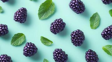 Blackberry and fresh mint leaves arranged pattern seamless diagonal layout photo