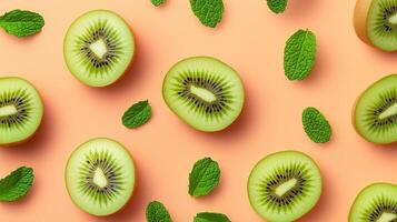 Kiwi slice fruit and fresh mint leaves natural organic arranged pattern seamless diagonal layout photo