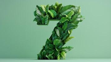 The number 7 is framed by a series of green leaves solid background photo