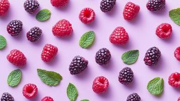 Raspberry, blackberry and fresh mint leaves arranged pattern seamless diagonal layout photo