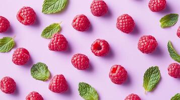 Raspberry and fresh mint leaves arranged pattern seamless diagonal layout photo