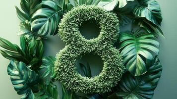 The number 8 is framed by a series of green leaves solid background photo