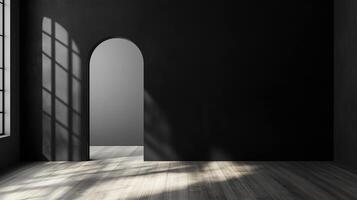 Black wall room with shadow window sunlight and arch entrance on empty house photo