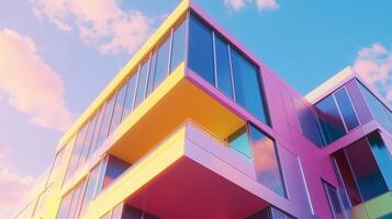 Modern minimalist building office exterior colorful glass architecture perspective view photo