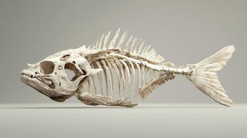 Fish skeleton fossil on white solid background for study archeologist research photo