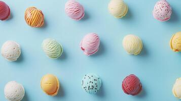 Ice cream scoops various fruity flavor pattern seamless on blue background photo