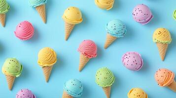 Ice cream scoops various fruity flavor pattern seamless on blue background photo