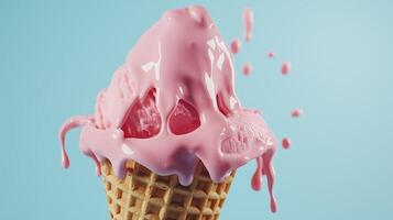 Ice cream cone with waffle cone melting on blue background photo