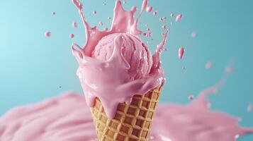 Ice cream cone with waffle cone melting on blue background photo
