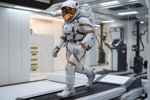 Astronaut wearing space suit running on a treadmill in a spaceship gym photo