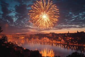 Big city lights reflecting in river with fireworks exploding in the sky photo