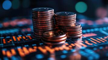 Stacks of coins sitting on a graph displaying market data photo