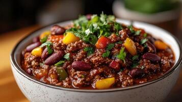 Bowl of chili con carne garnished with cilantro sitting on tabletop photo