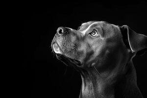 Beautiful pitbull dog looking up with hope on black background photo