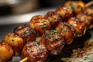 Grilled sausage and scallops skewer drizzled with herbs being prepared on griddle photo