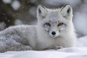 Beautiful arctic fox relaxing on snow during winter photo