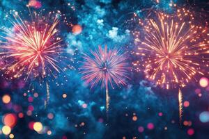 Fireworks exploding with colorful bokeh lights and smoke filling the blue night sky photo