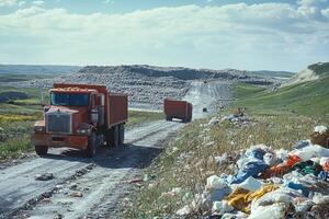 Garbage trucks entering landfill site full of trash bags photo