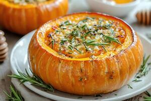 Baked pumpkin stuffed with feta and herbs on rustic wooden table photo