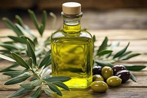 Bottle of extra virgin olive oil surrounded by olives and branches on rustic wooden table photo