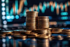 Gold coins stacked on each other reflecting from a surface with stock market charts in background photo