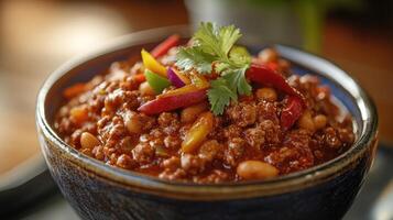 Steaming bowl of chili con carne garnished with cilantro and peppers photo