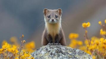 Adorable yellow-throated marten sitting on rock in flowers photo