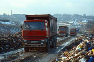 Garbage trucks transporting waste in open landfill site photo