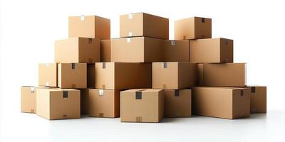 Large stack of cardboard boxes is sitting on a white background photo