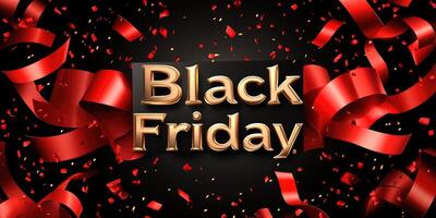 Black friday background with red ribbons and confetti exploding on black background photo