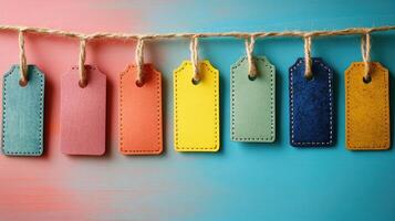 Seven colorful empty tags hanging on a rope on a colorful background photo