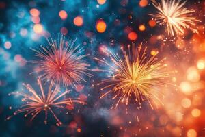 Fireworks exploding in night sky with bokeh lights photo