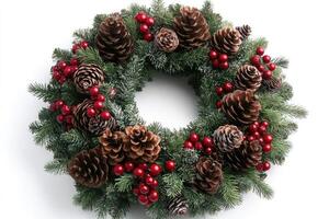 Christmas wreath with pine cones and red berries lying on white background photo